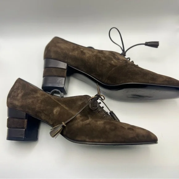 Salvatore Ferragamo Brown Nero Suede Size 7.5 Oxford Heels - Picture 4 of 8